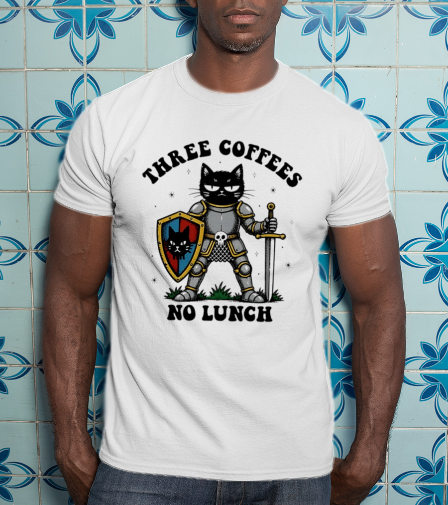 Three Coffees No Lunch Black Cat Armored Knight Shield T-Shirt