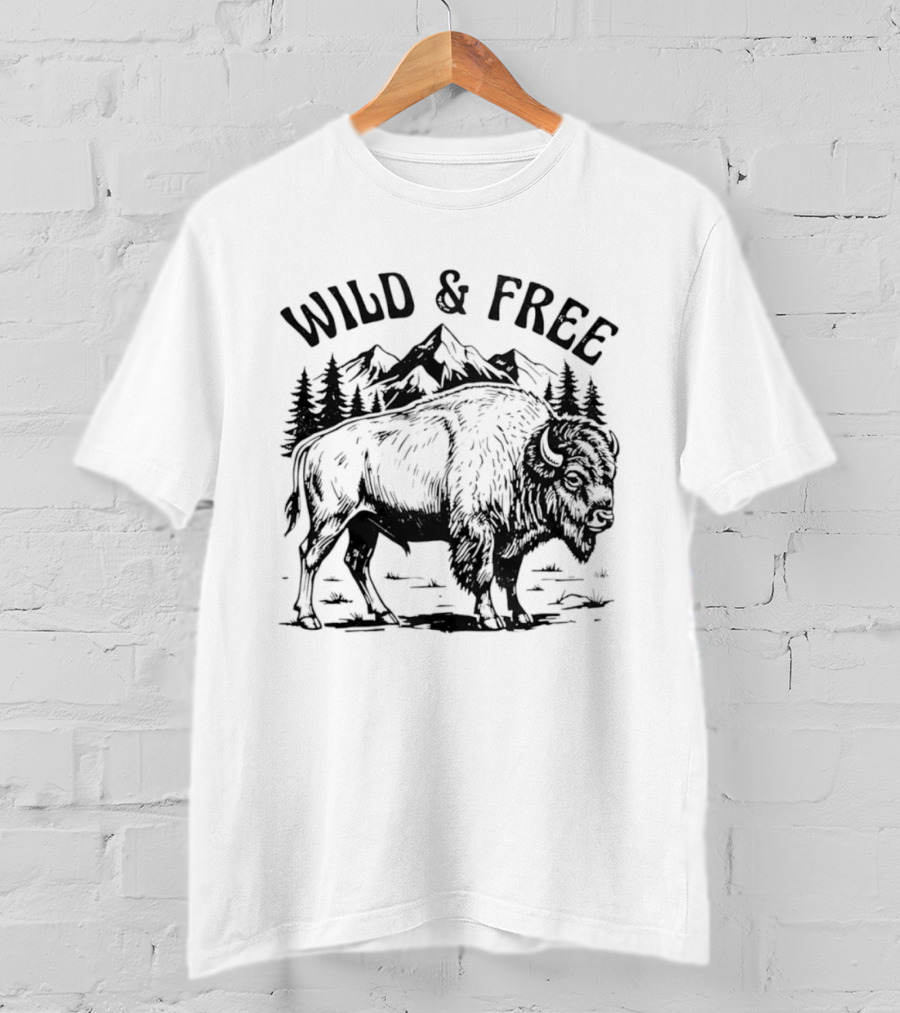 Wild And Free Bison With Mountain And Forest Scene T-Shirt