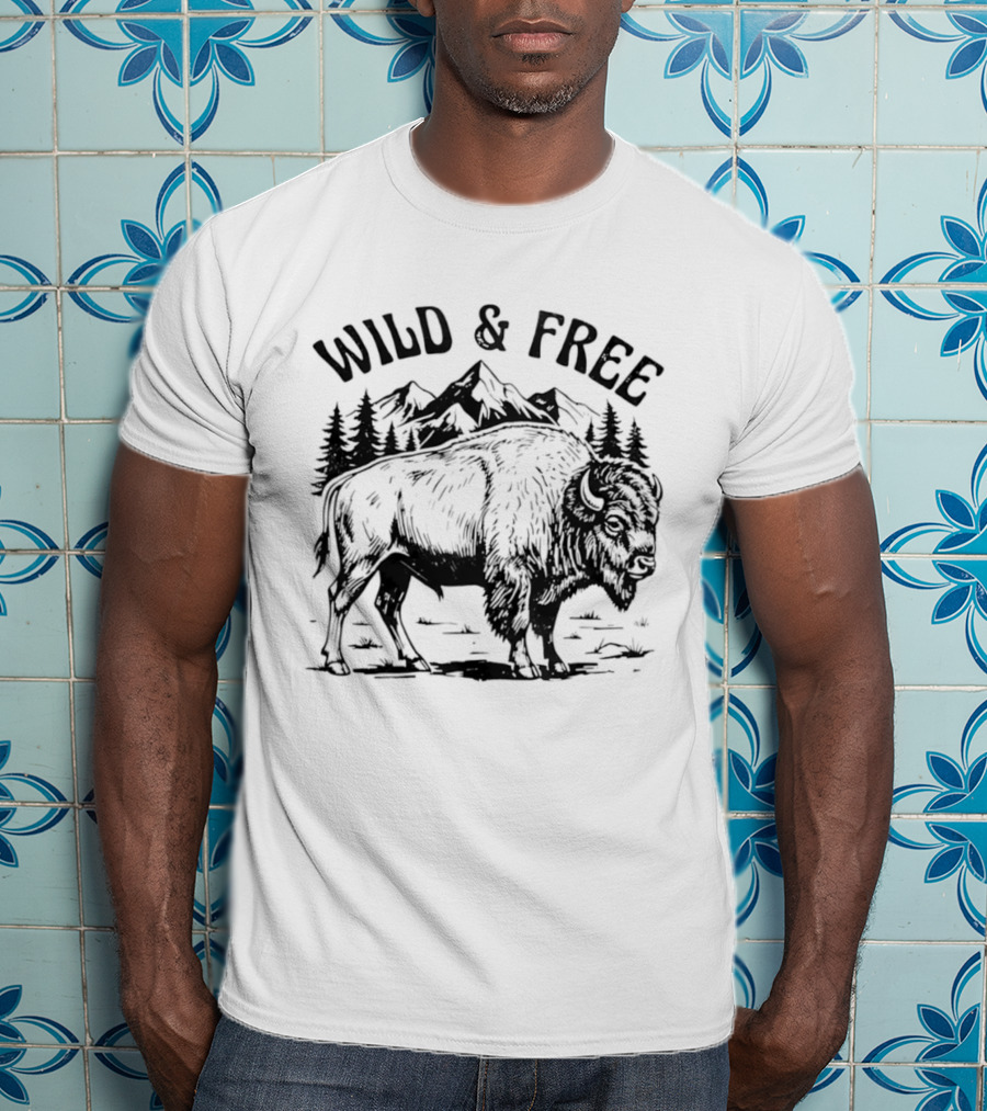 Wild And Free Bison With Mountain And Forest Scene T-Shirt