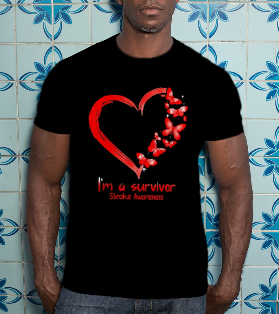 I'm A Survivor Stroke Awareness Heart And Red Butterflies T-Shirt