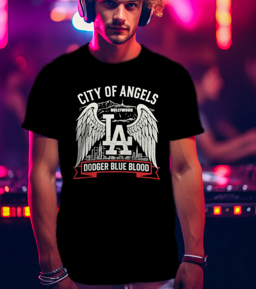 City Of Angels LA Hollywood Dodger Blue Blood Wings Skyline T-Shirt