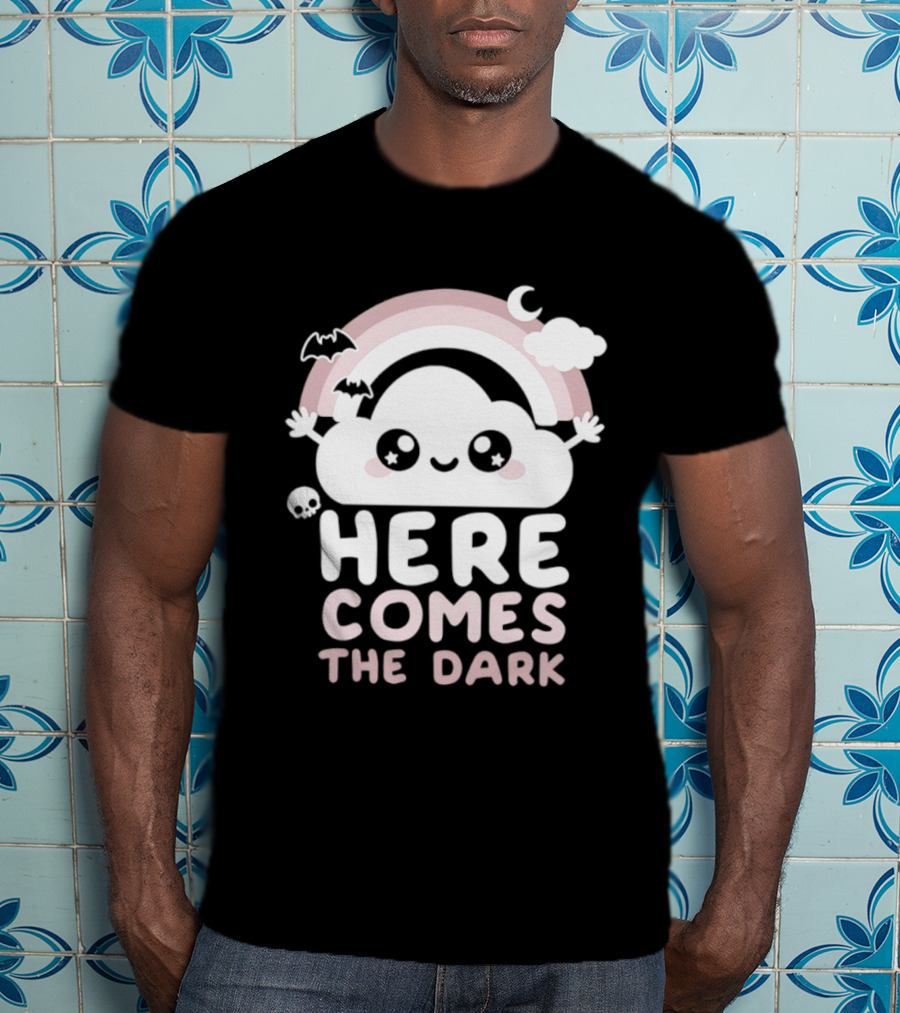 Here Comes The Dark Cute Cloud Rainbow Bats Moon And Stars T-Shirt