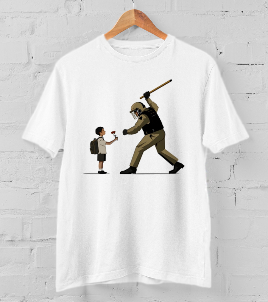 Bloom Under Fire: Child Offering Flower To Armed Officer T-Shirt