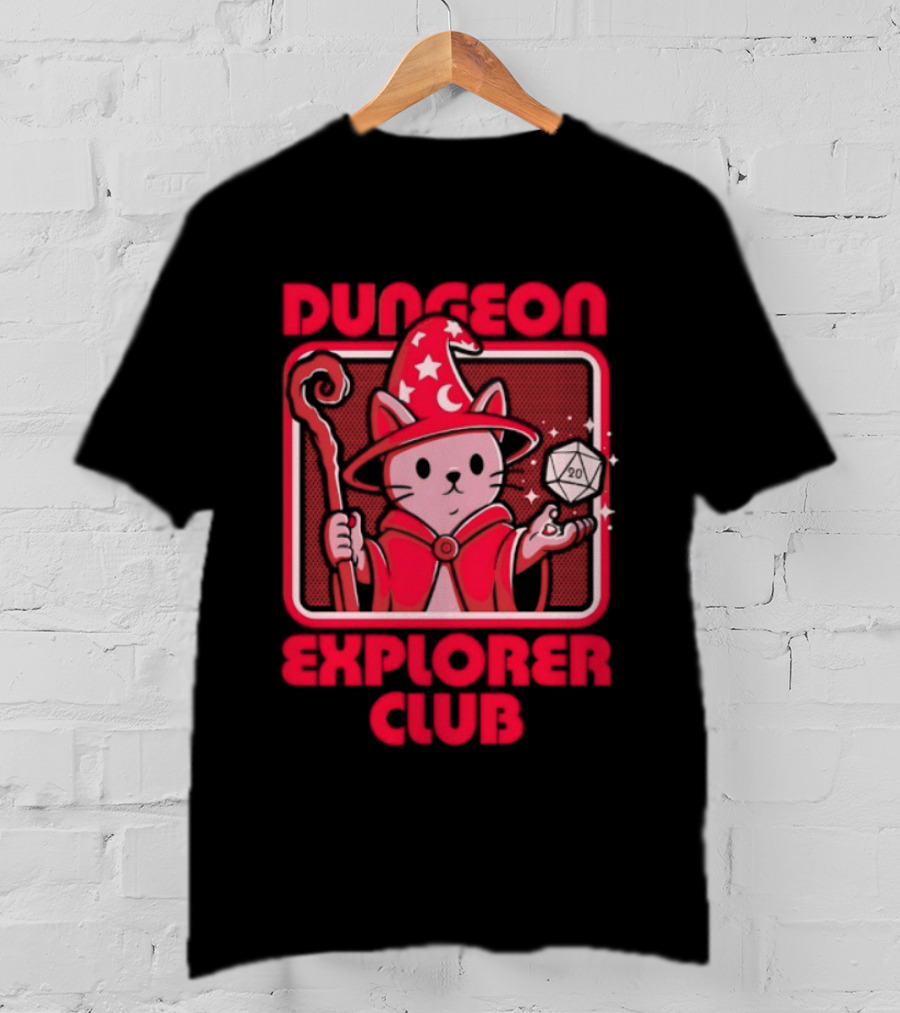 Dungeon Explorer Club Wizard Cat With D20 Dice Magic Wand T-Shirt
