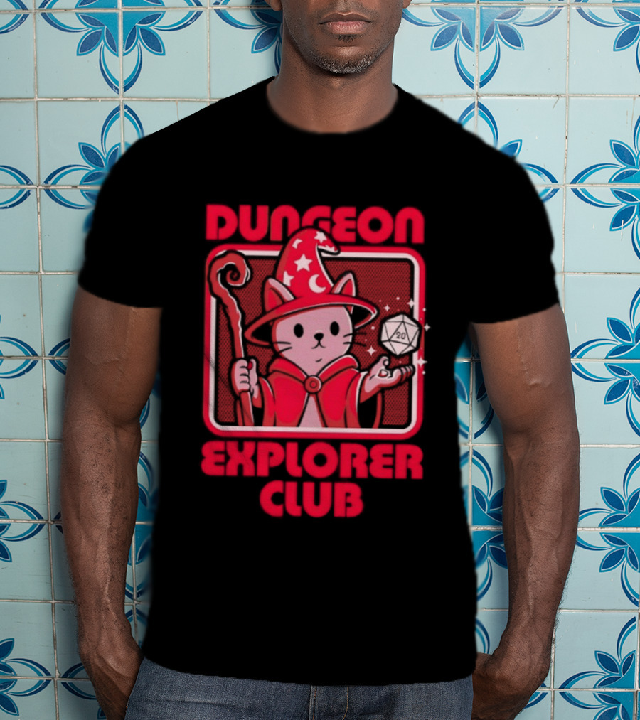 Dungeon Explorer Club Wizard Cat With D20 Dice Magic Wand T-Shirt