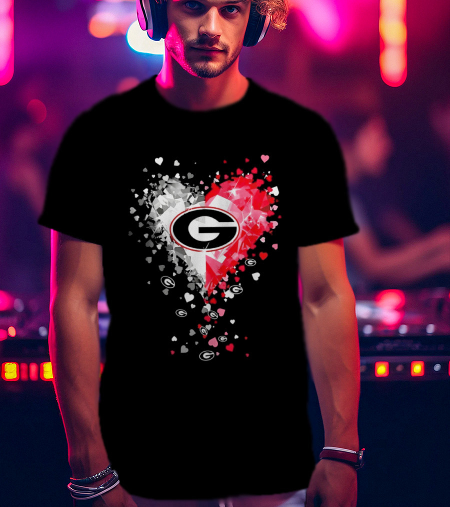 Georgia Bulldogs Heart Shaped Red And White Gemstone T-Shirt