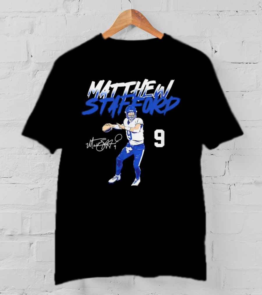 Matthew Stafford 9 Autograph Los Angeles Rams Quarterback Action Pose T-Shirt