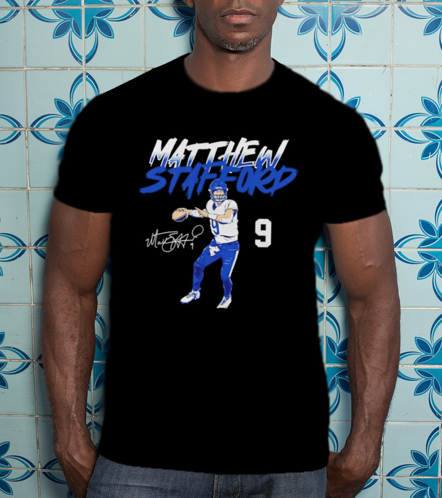 Matthew Stafford 9 Autograph Los Angeles Rams Quarterback Action Pose T-Shirt