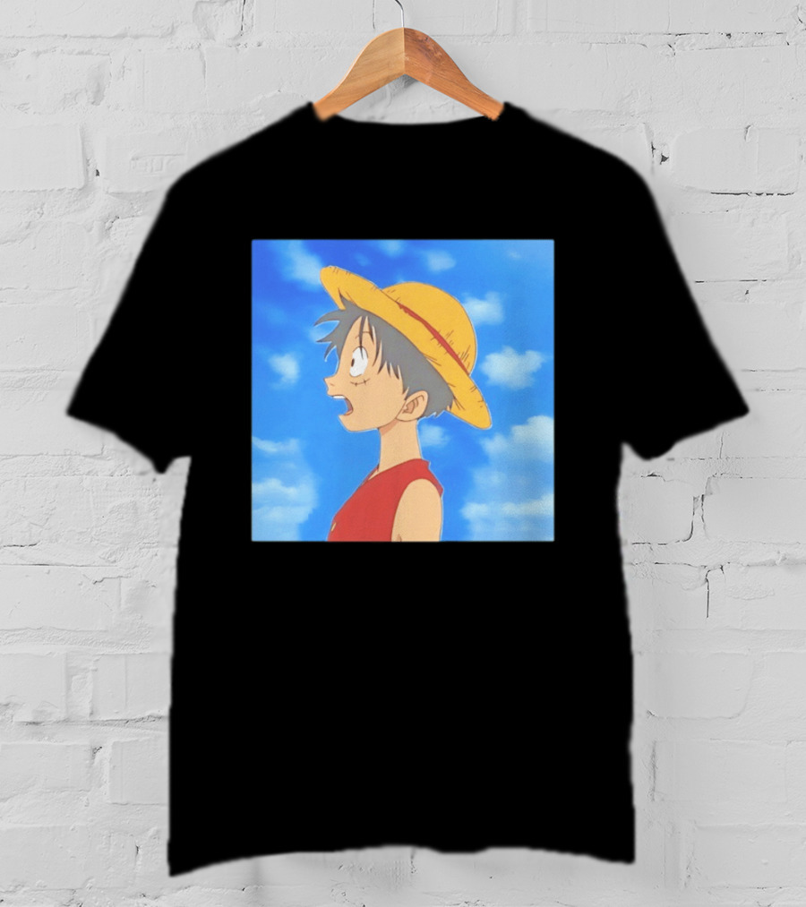 Monkey D Luffy Sky Gazing Red Vest Yellow Straw Hat Anime Scene Clouds Blue Sky T-Shirt