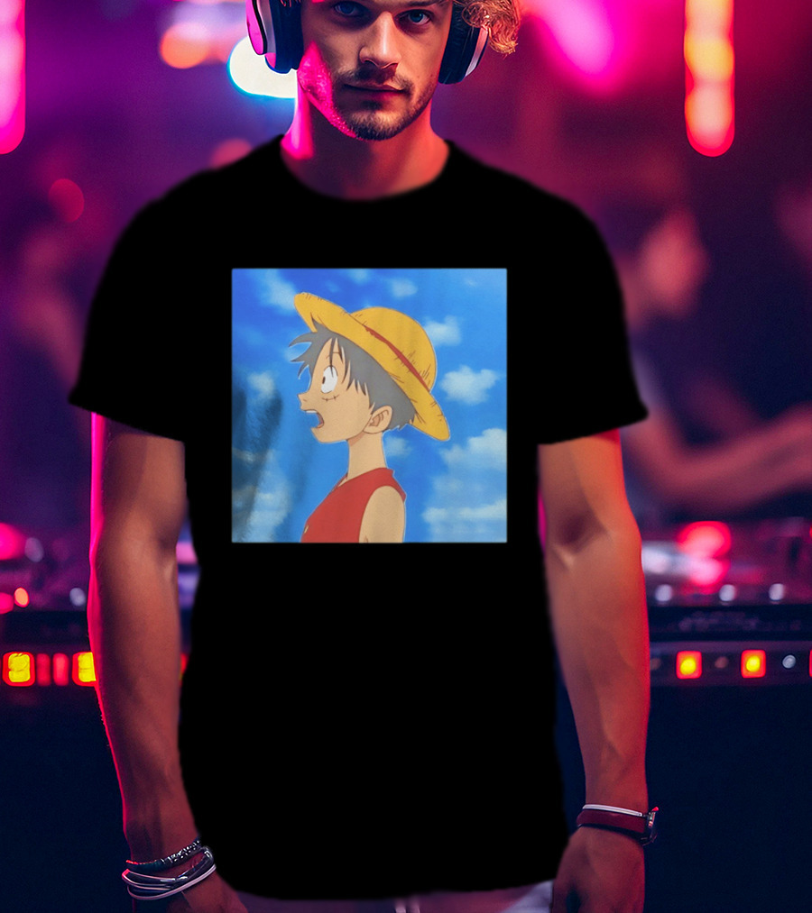 Monkey D Luffy Sky Gazing Red Vest Yellow Straw Hat Anime Scene Clouds Blue Sky T-Shirt
