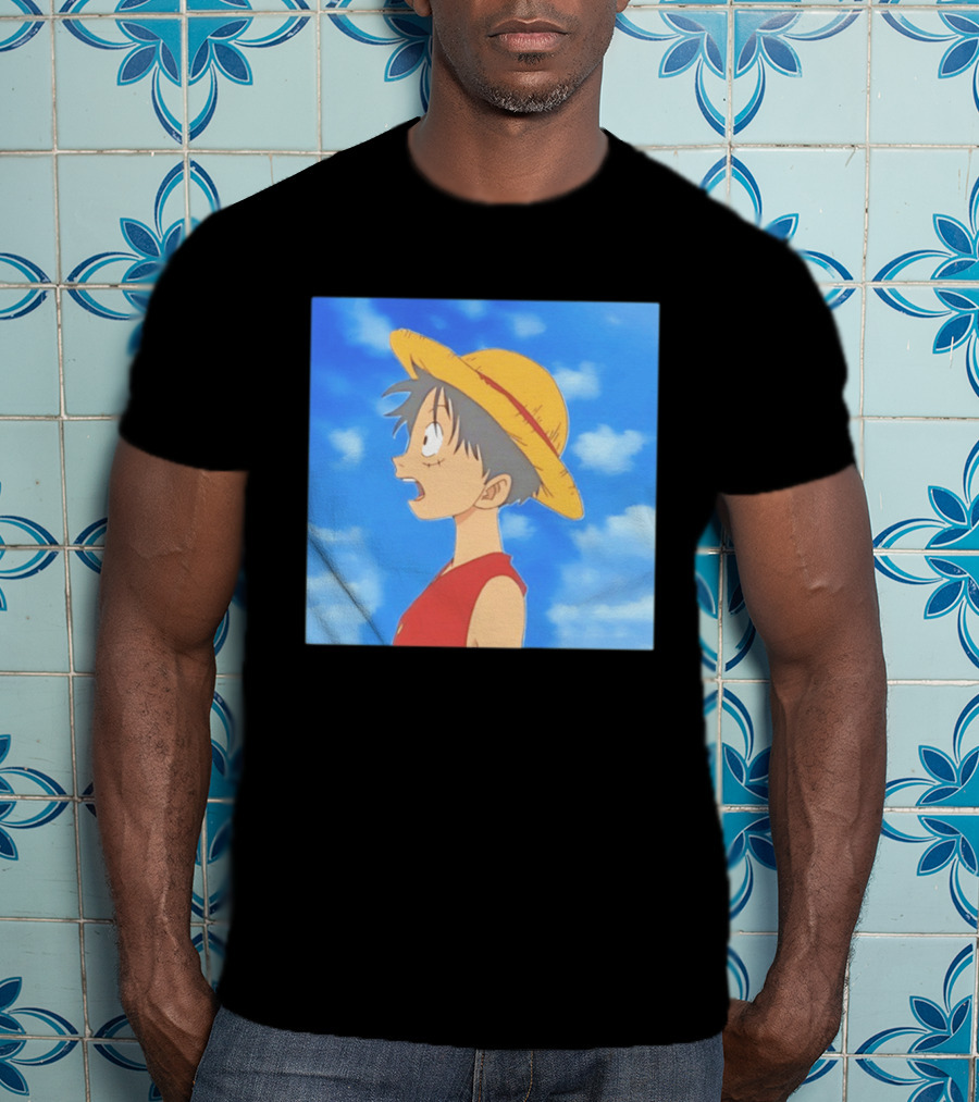 Monkey D Luffy Sky Gazing Red Vest Yellow Straw Hat Anime Scene Clouds Blue Sky T-Shirt