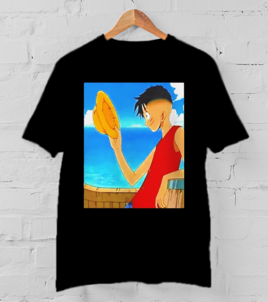 One Piece Luffy Taper Fade Anime Manga Straw Hat Ocean Scene T-Shirt
