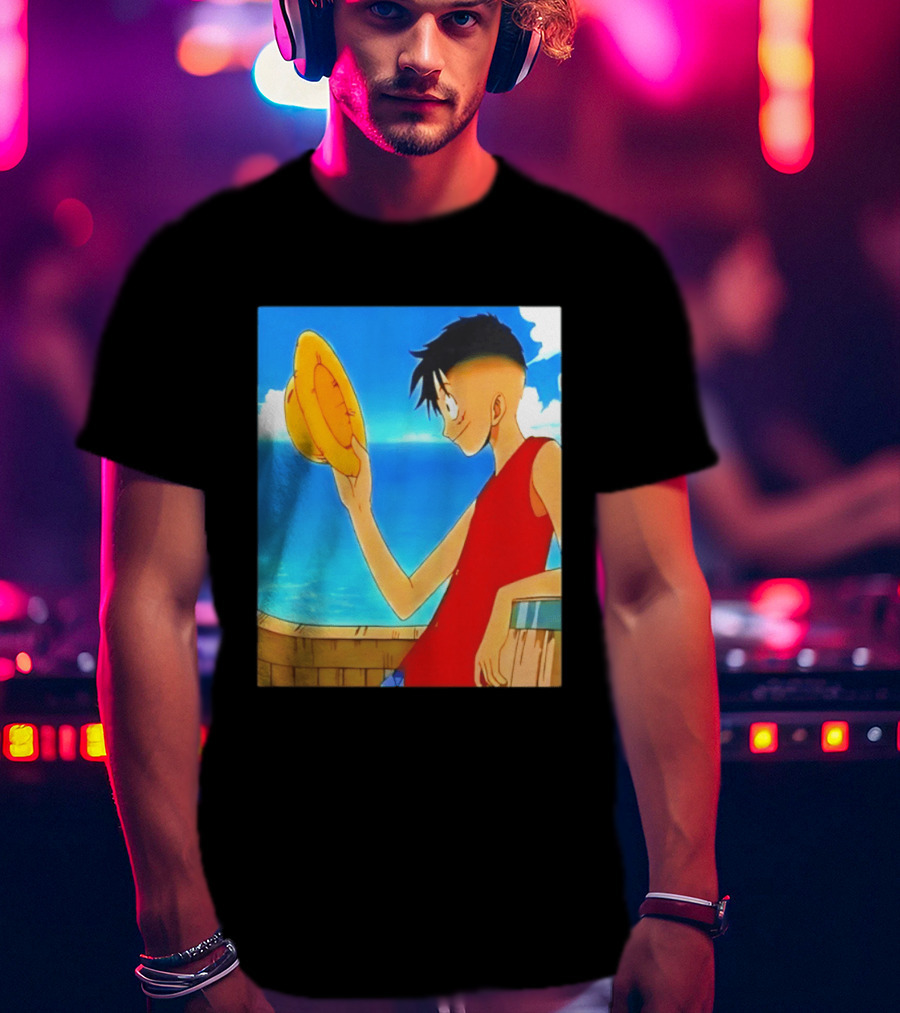 One Piece Luffy Taper Fade Anime Manga Straw Hat Ocean Scene T-Shirt