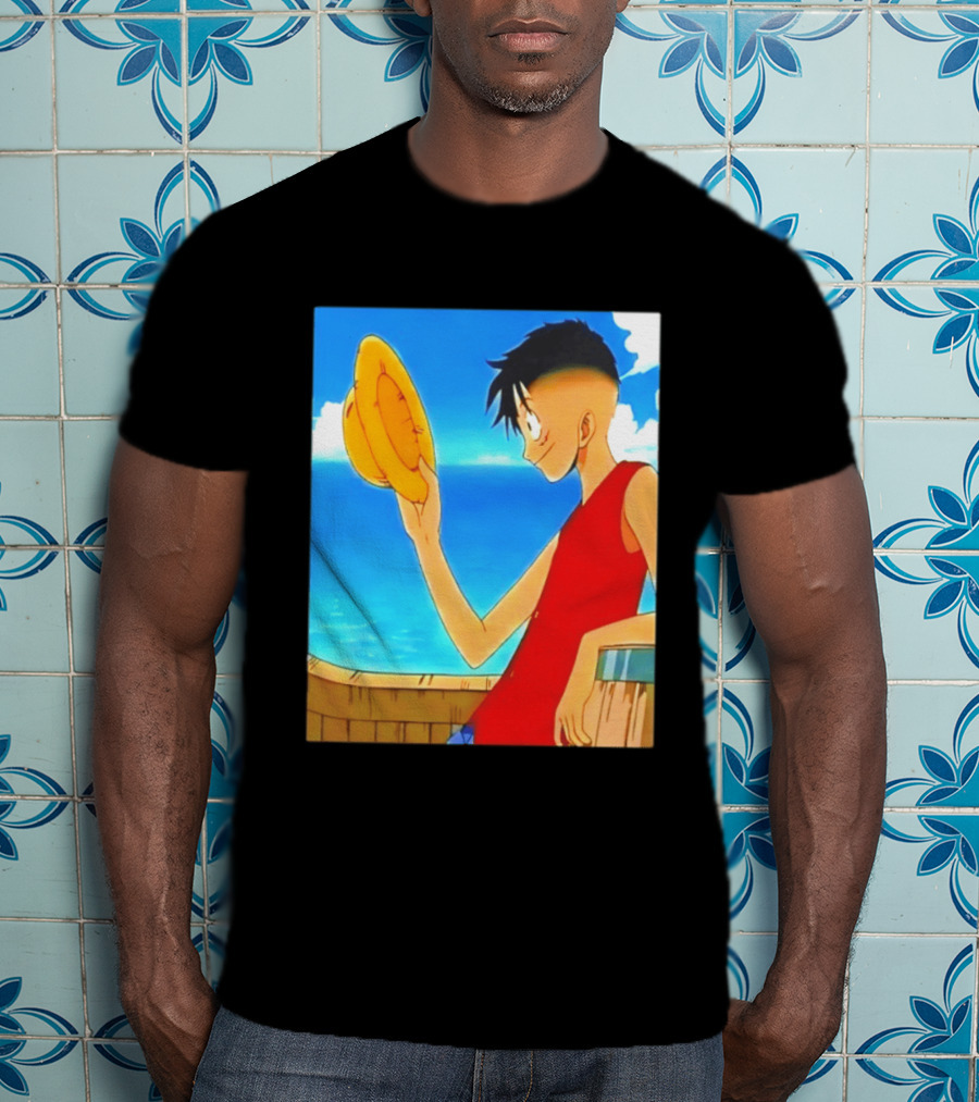 One Piece Luffy Taper Fade Anime Manga Straw Hat Ocean Scene T-Shirt