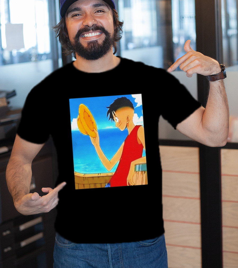 One Piece Luffy Taper Fade Anime Manga Straw Hat Ocean Scene T-Shirt