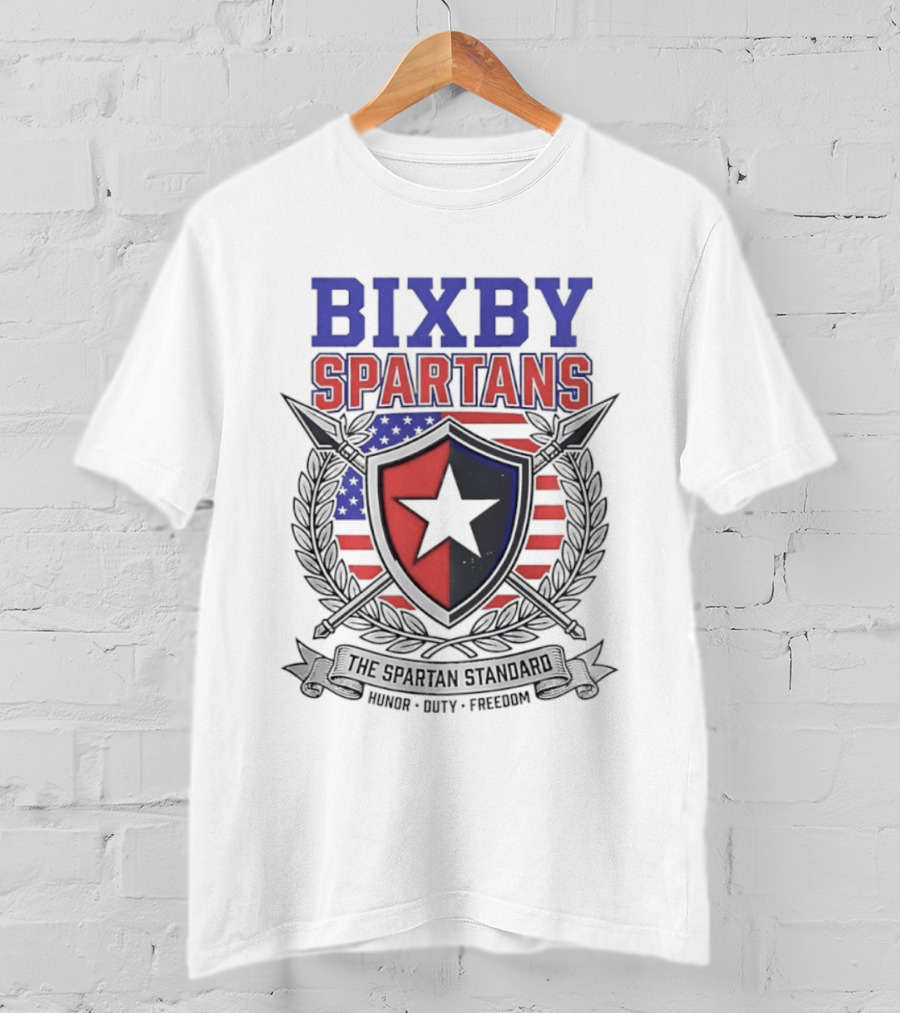Bixby Spartans Honor Duty Freedom American Flag Shield T-Shirt