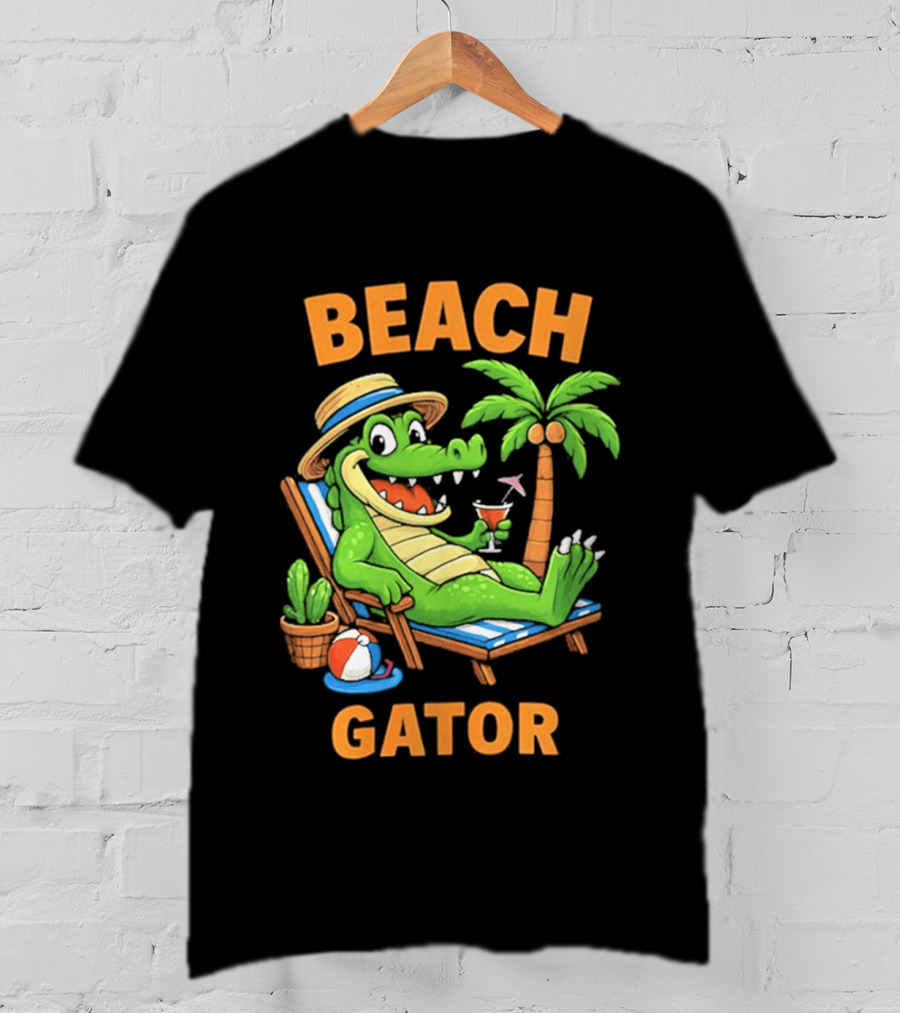 Beach Gator Tropical Alligator Vacation Relaxing With Cocktail Palm Tree T-Shirt