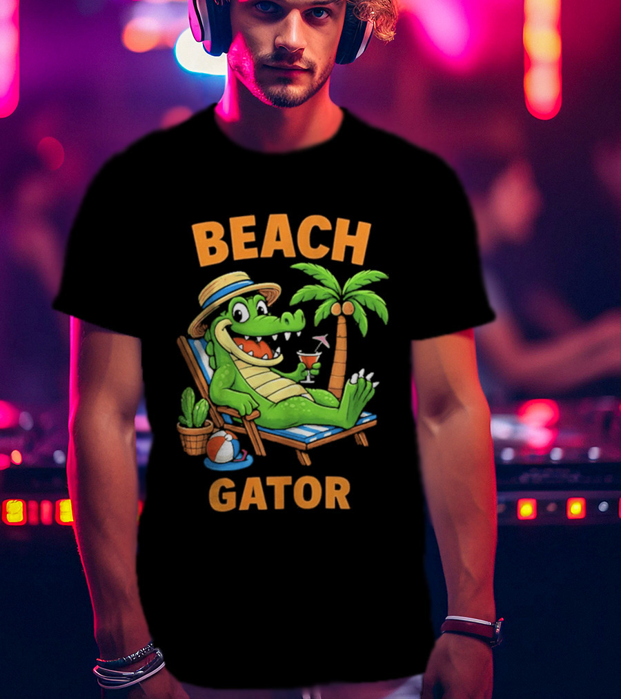 Beach Gator Tropical Alligator Vacation Relaxing With Cocktail Palm Tree T-Shirt