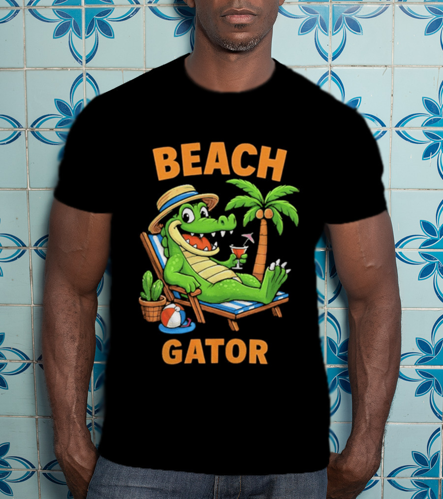 Beach Gator Tropical Alligator Vacation Relaxing With Cocktail Palm Tree T-Shirt
