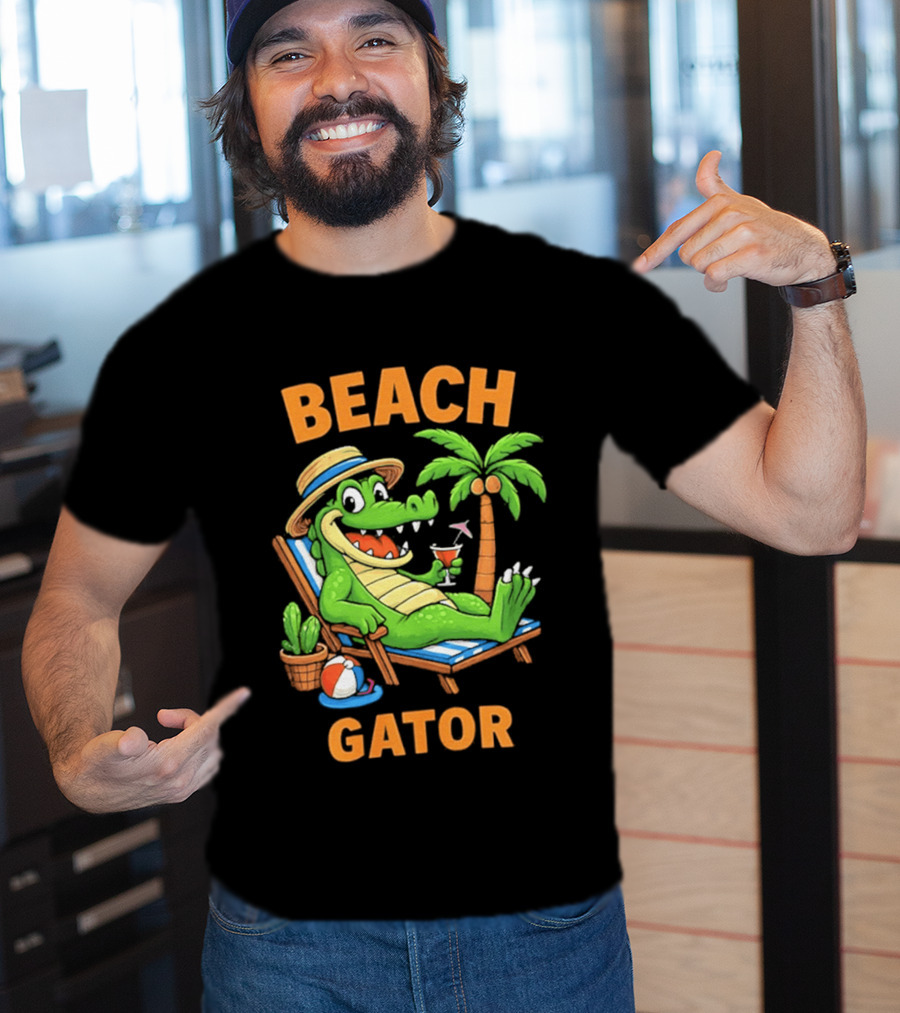 Beach Gator Tropical Alligator Vacation Relaxing With Cocktail Palm Tree T-Shirt