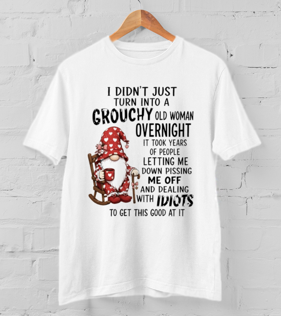 I Didn't Just Turn Into A Grouchy Old Woman Overnight Gnome Humor It Took Years Of People Letting Me Down Pissing Me Off And Dealing With Idiots T-Shirt