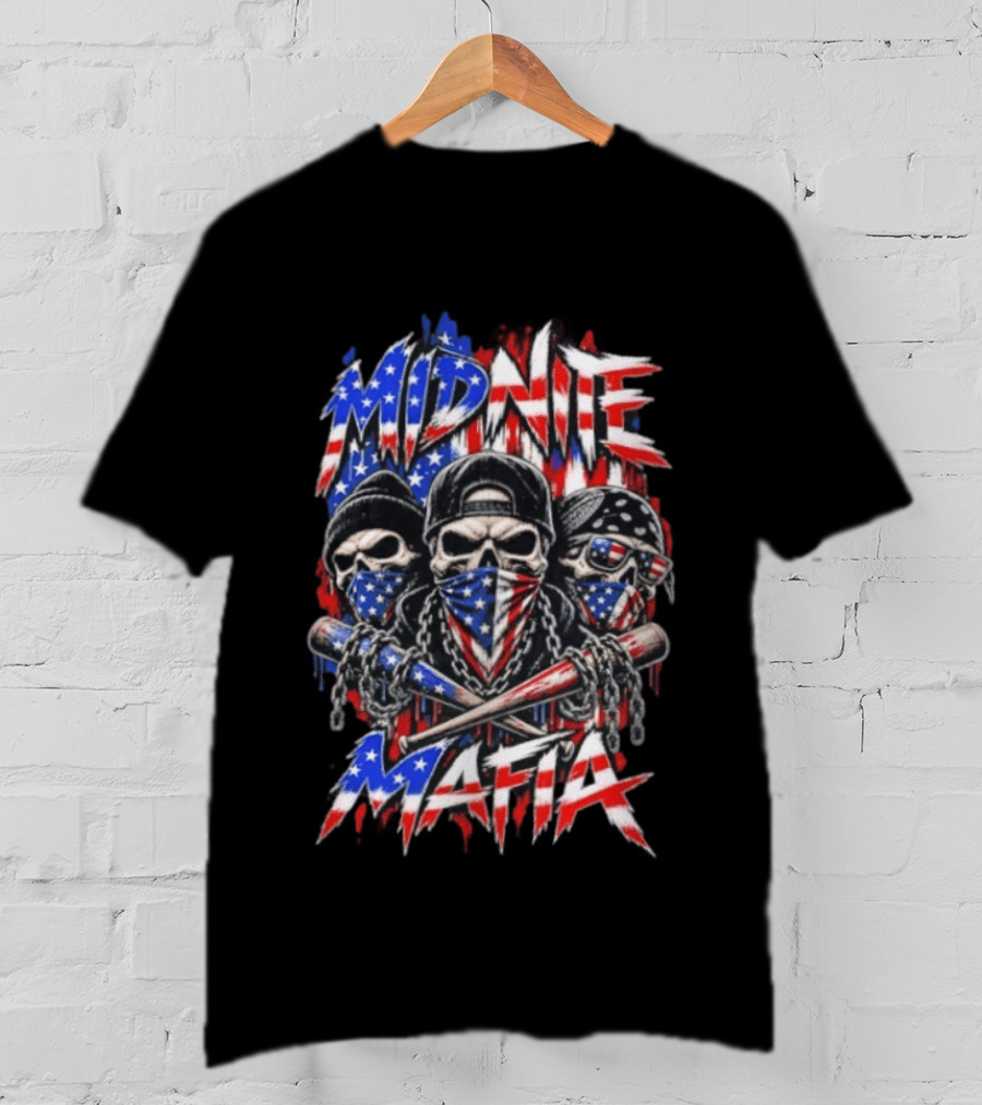 Midnite Mafia Skulls American Flag Bandanas Baseball Bats Chains T-Shirt