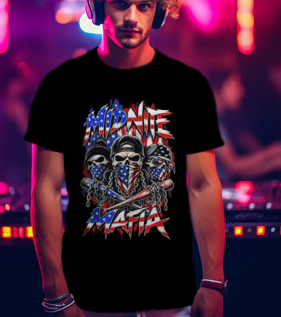 Midnite Mafia Skulls American Flag Bandanas Baseball Bats Chains T-Shirt