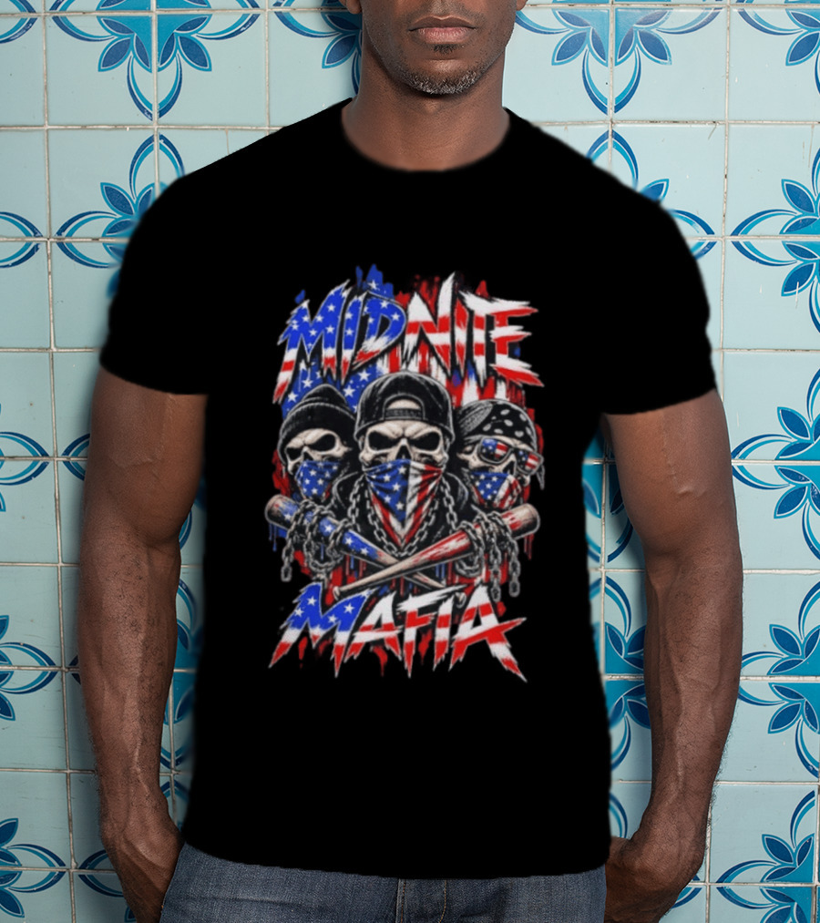 Midnite Mafia Skulls American Flag Bandanas Baseball Bats Chains T-Shirt