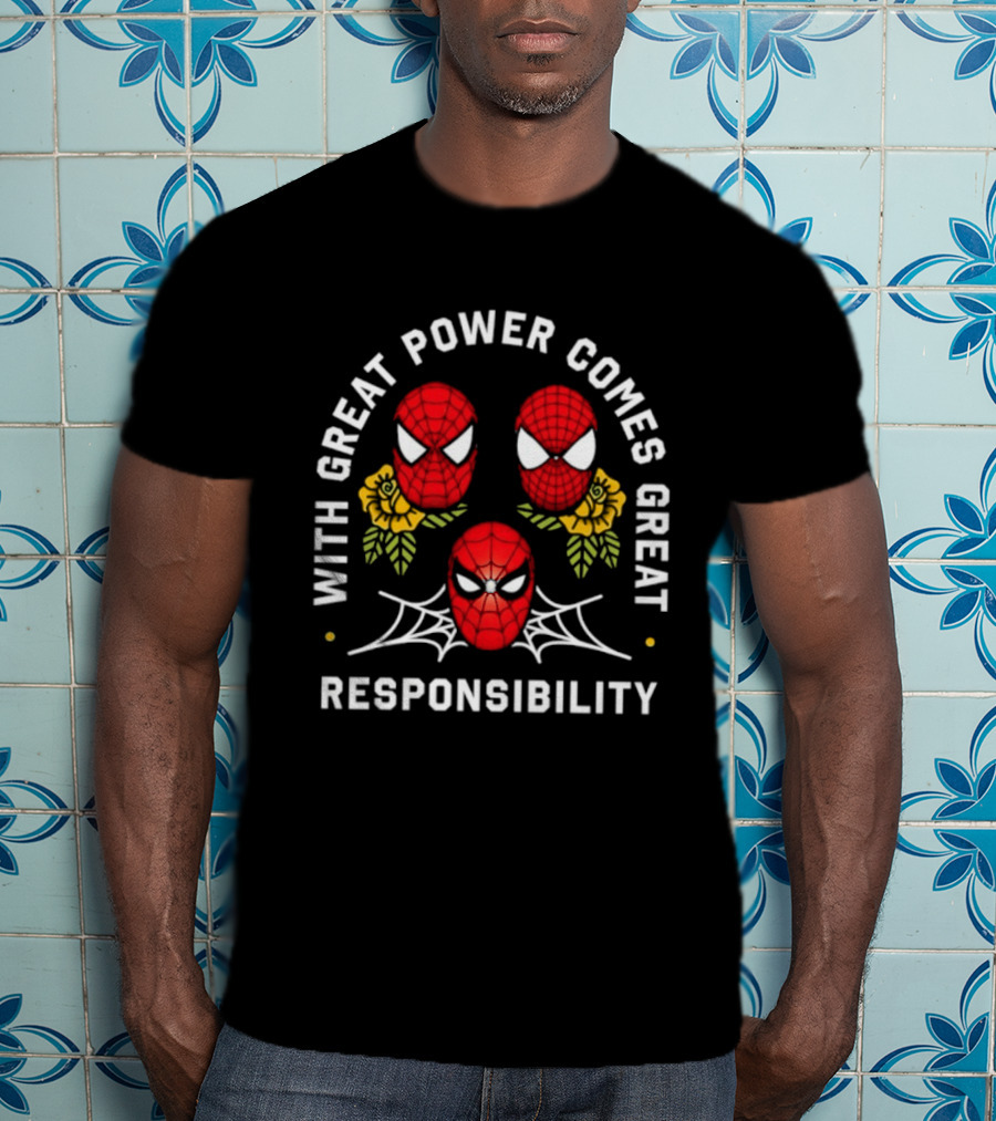 With Great Power Comes Great Responsibility Spider Man Masks Webs Flowers T-Shirt