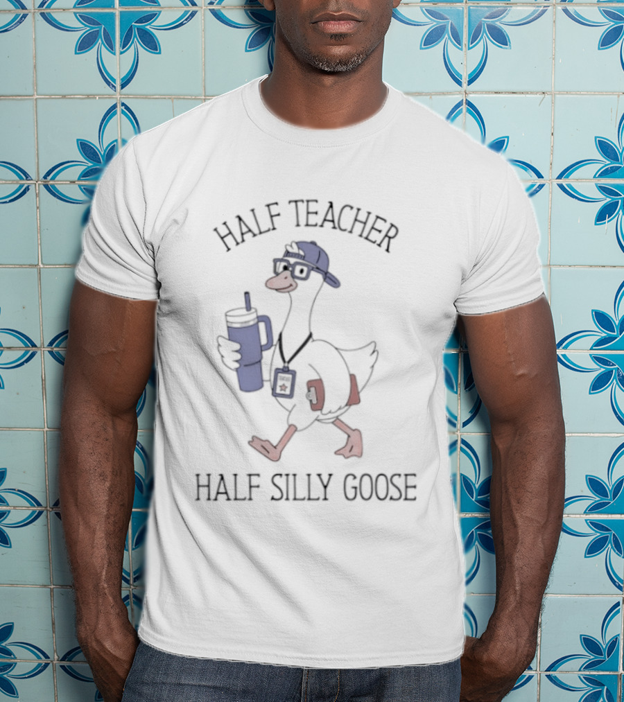 Half Teacher Half Silly Goose Funny Cartoon Duck With Coffee And School Supplies T-Shirt
