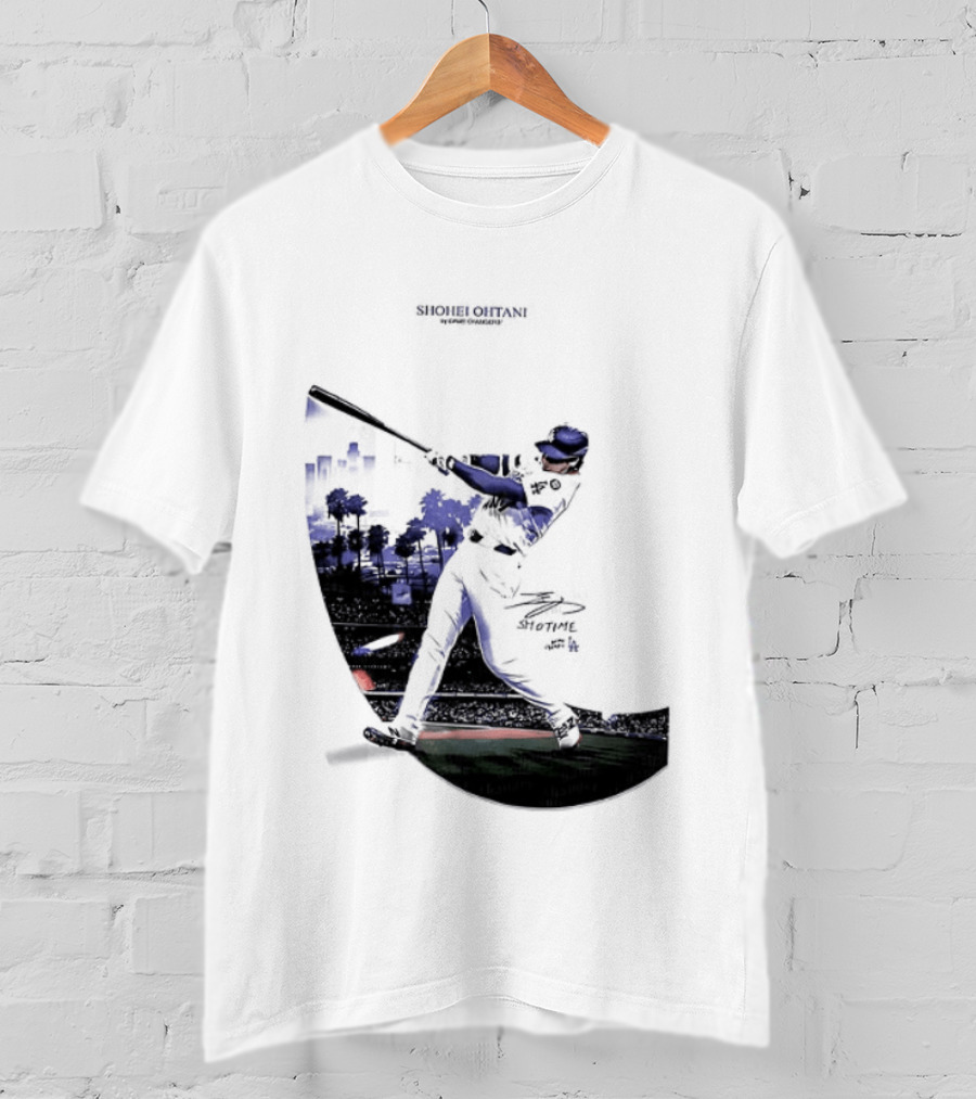 Shohei Ohtani 17 Los Angeles Angels MLB Slugger Swing Two Sided T-Shirt