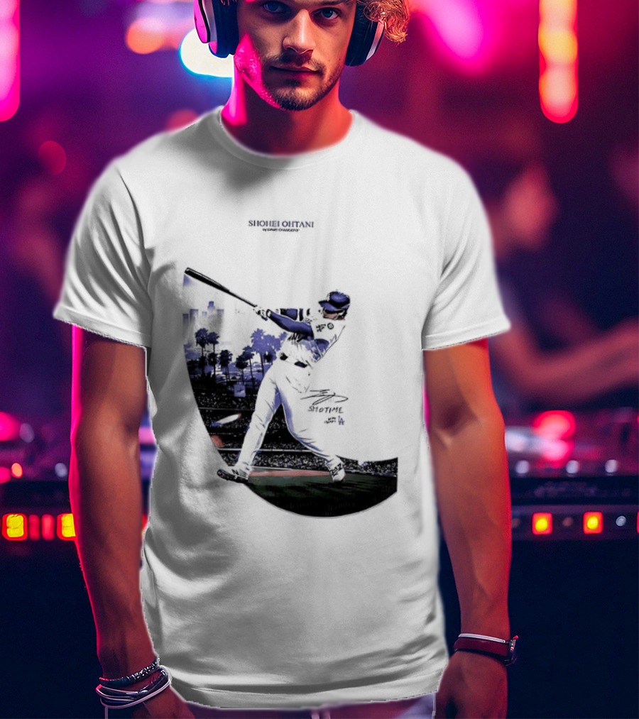 Shohei Ohtani 17 Los Angeles Angels MLB Slugger Swing Two Sided T-Shirt