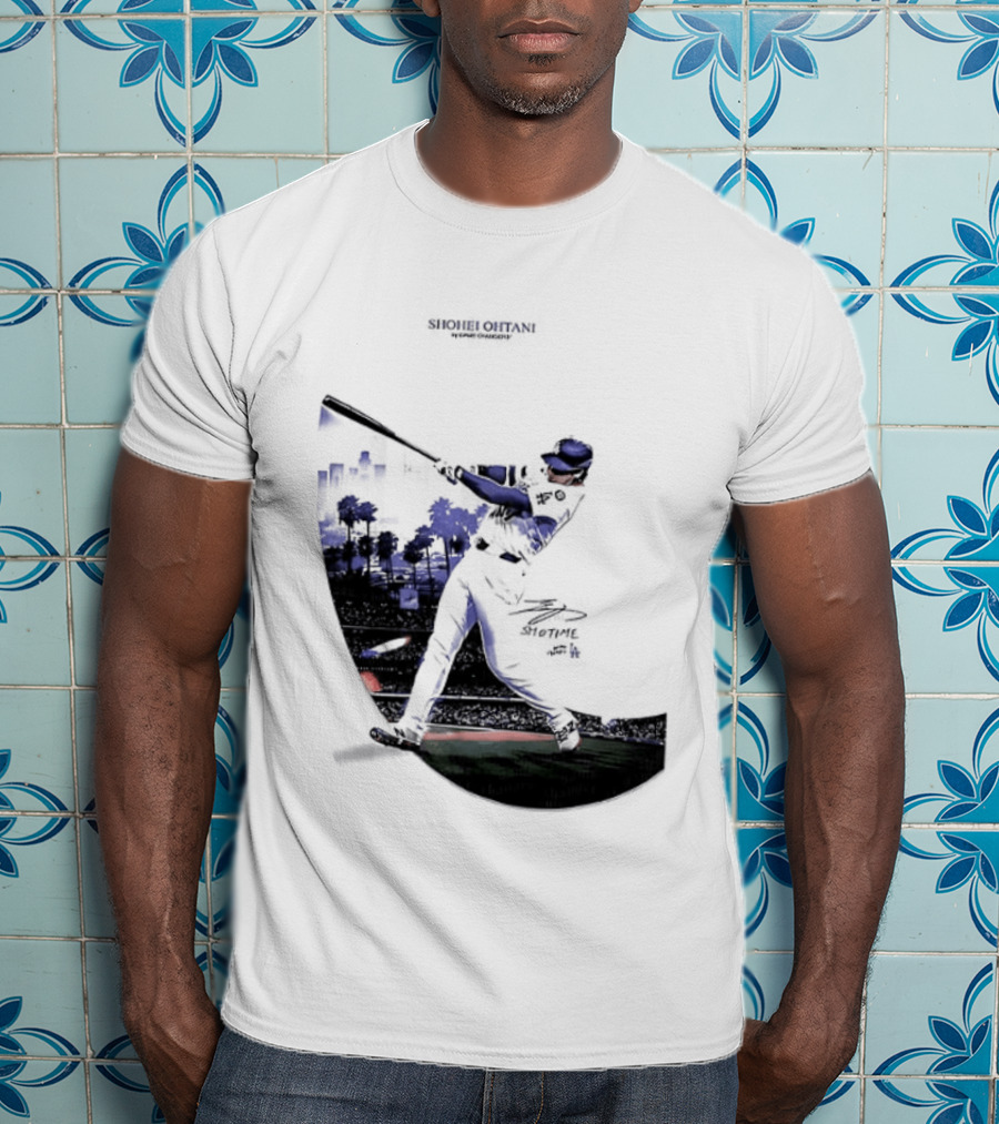 Shohei Ohtani 17 Los Angeles Angels MLB Slugger Swing Two Sided T-Shirt