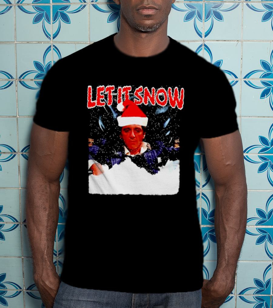 Let It Snow Al Pacino Scarface Tony Montana Snowflakes Santa Hat T-Shirt