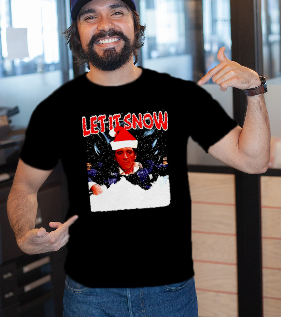 Let It Snow Al Pacino Scarface Tony Montana Snowflakes Santa Hat T-Shirt