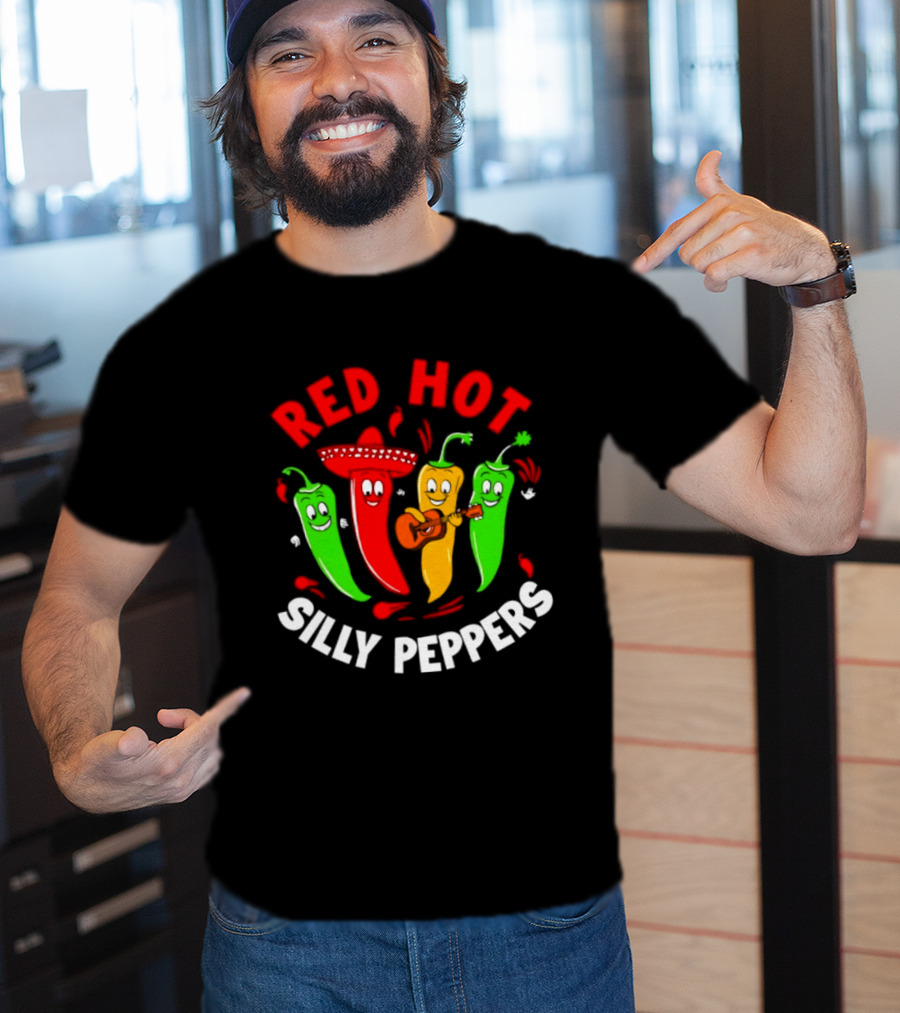 Red Hot Silly Peppers Band With Colorful Chili Cartoon Characters Playing Guitar T-Shirt
