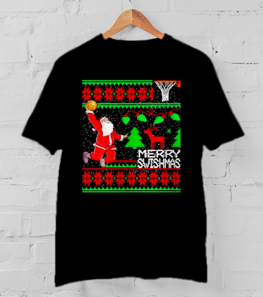 Santa Claus Dunking Basketball Ugly Christmas Sweater Merry Swishmas T-Shirt
