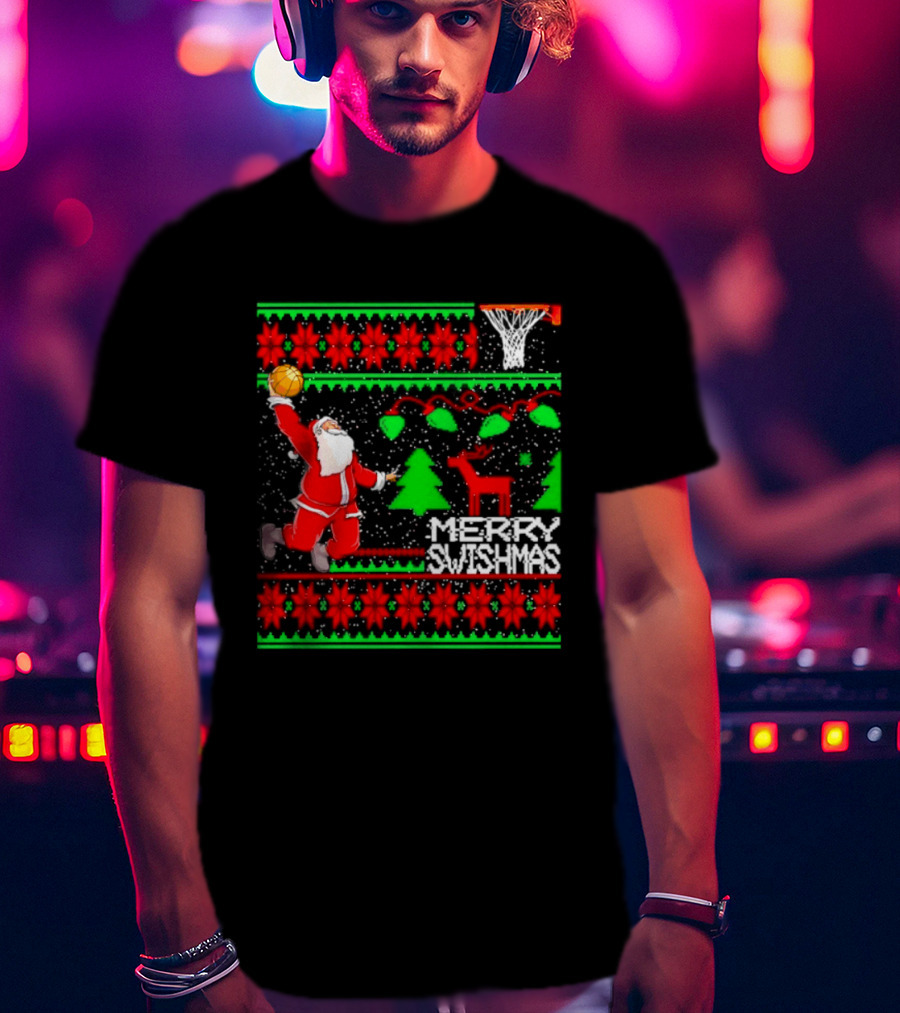 Santa Claus Dunking Basketball Ugly Christmas Sweater Merry Swishmas T-Shirt