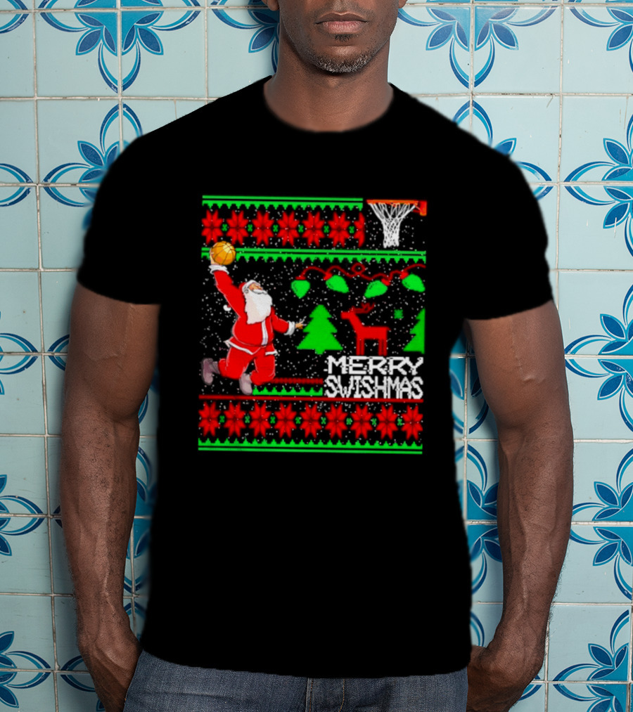 Santa Claus Dunking Basketball Ugly Christmas Sweater Merry Swishmas T-Shirt