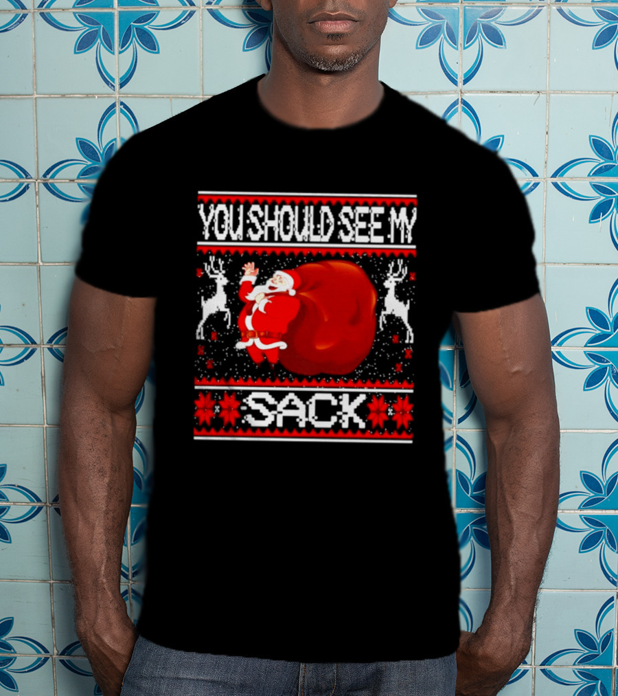 You Should See My Sack Santa Claus Ugly Christmas Reindeer Snowflakes T-Shirt