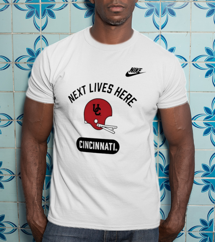 Next Lives Here Cincinnati UC Football Helmet Nike T-Shirt