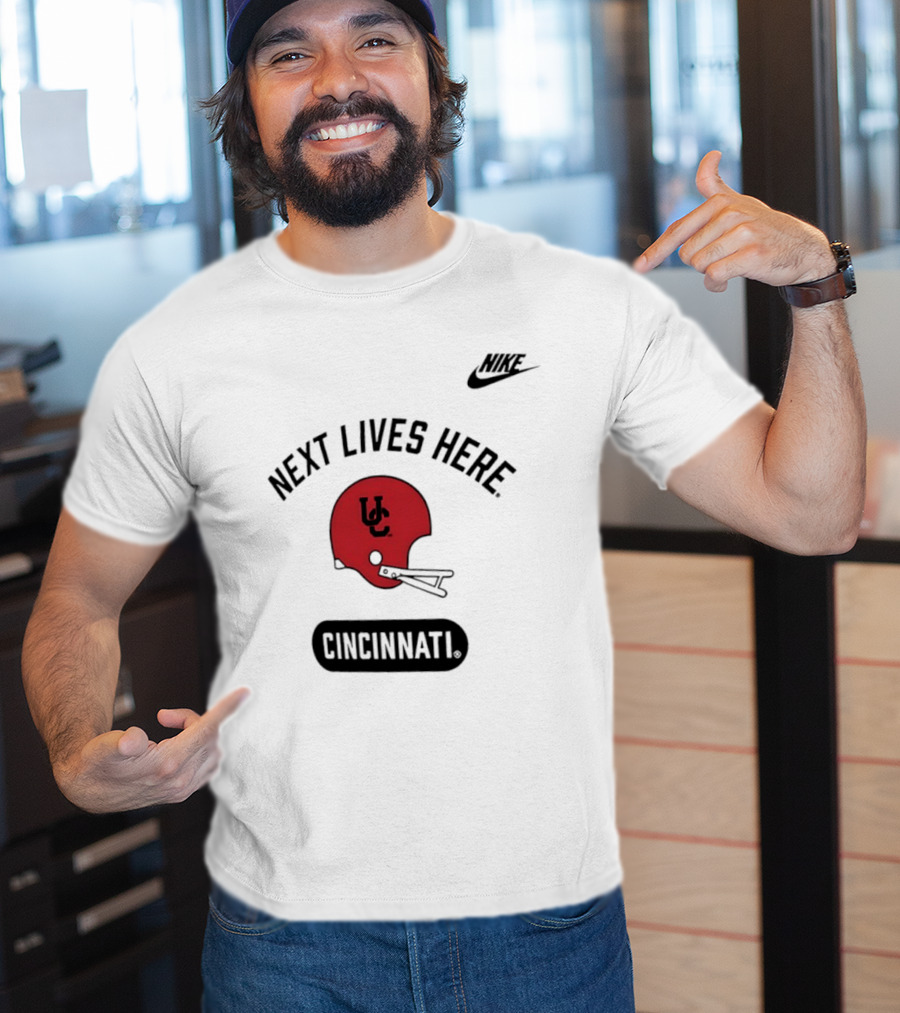 Next Lives Here Cincinnati UC Football Helmet Nike T-Shirt