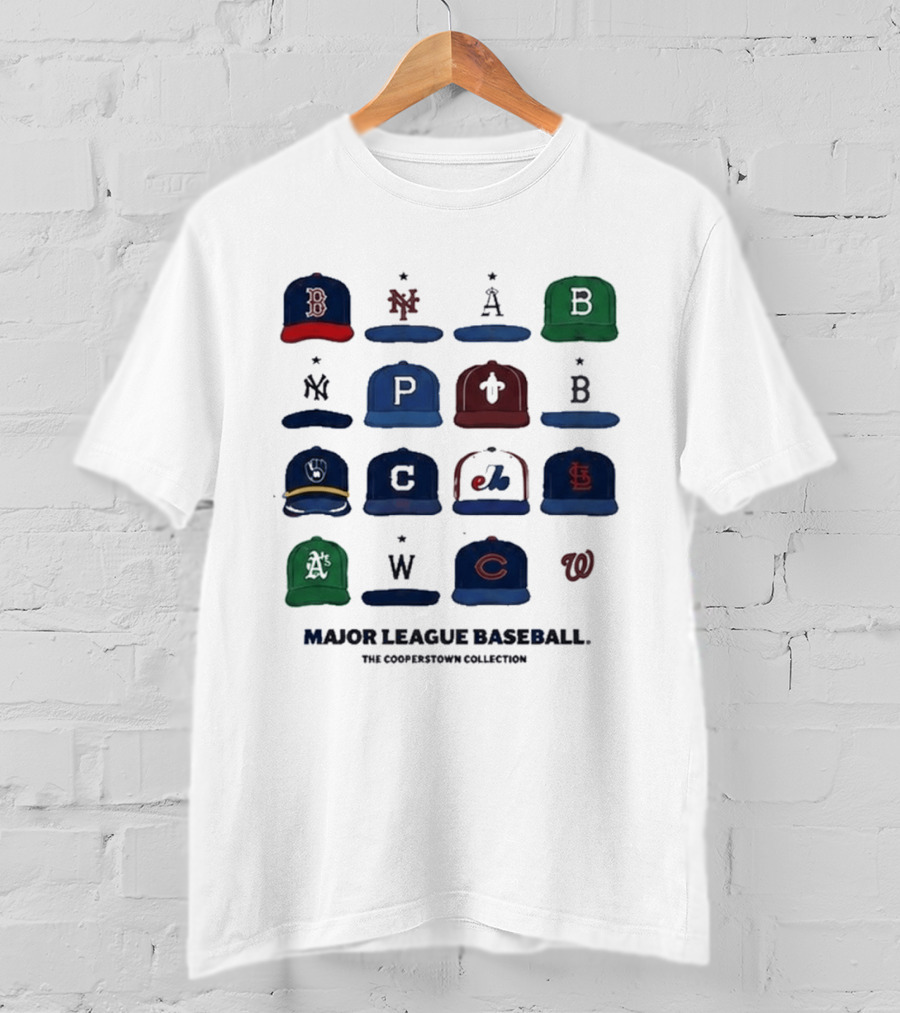 Major League Baseball Cooperstown Collection Cap Collage Featuring Historic Team Logos T-Shirt