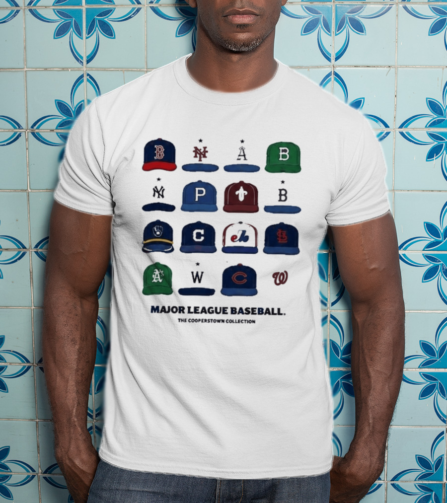 Major League Baseball Cooperstown Collection Cap Collage Featuring Historic Team Logos T-Shirt