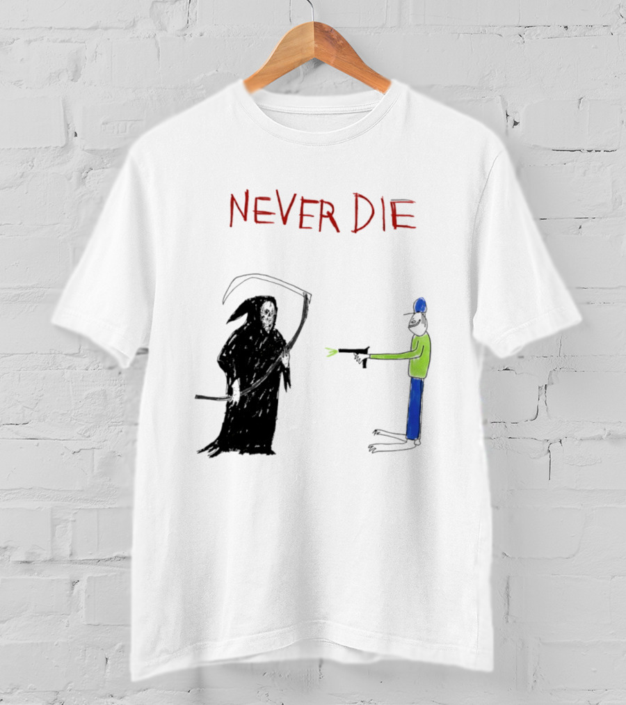 Never Die Grim Reaper Confronts Armed Man Drawing T-Shirt
