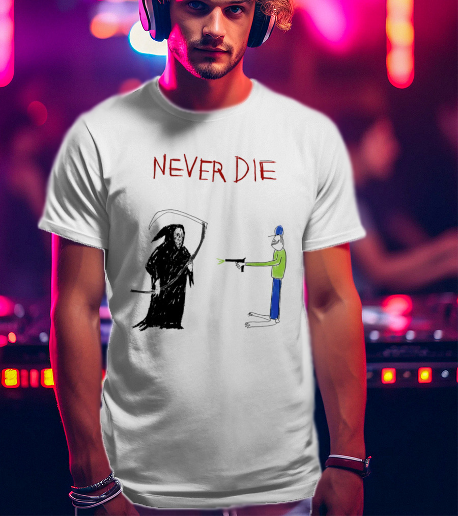 Never Die Grim Reaper Confronts Armed Man Drawing T-Shirt