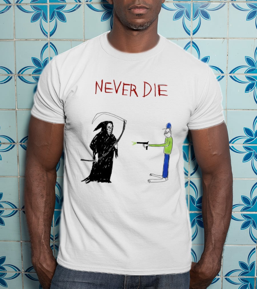 Never Die Grim Reaper Confronts Armed Man Drawing T-Shirt