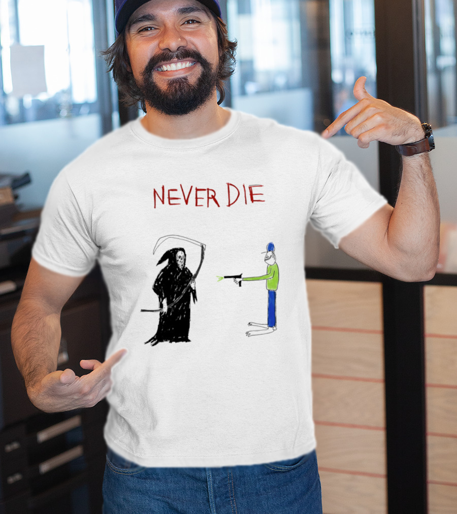 Never Die Grim Reaper Confronts Armed Man Drawing T-Shirt