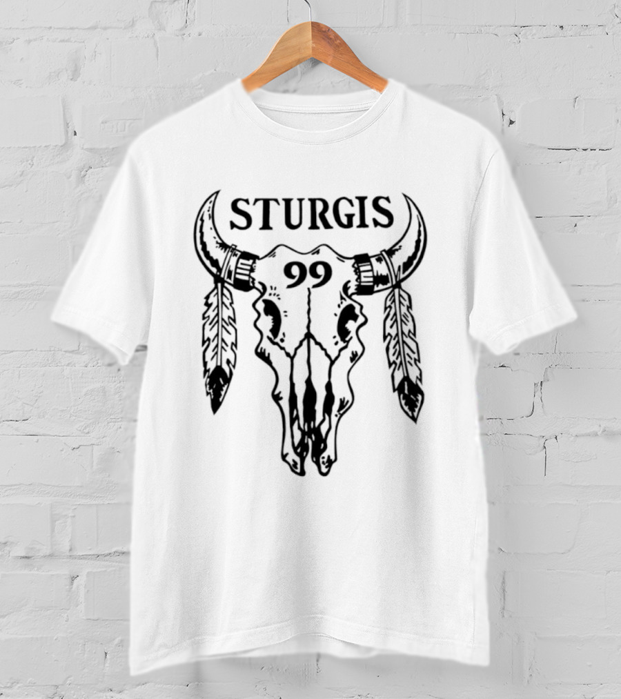 Sturgis 99 Bull Skull Western Biker Feathers T-Shirt