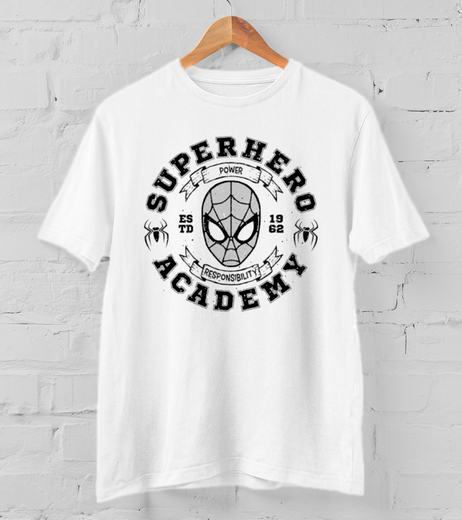 Superhero Academy Est 1962 Power Responsibility Alien Mask Spiders T-Shirt